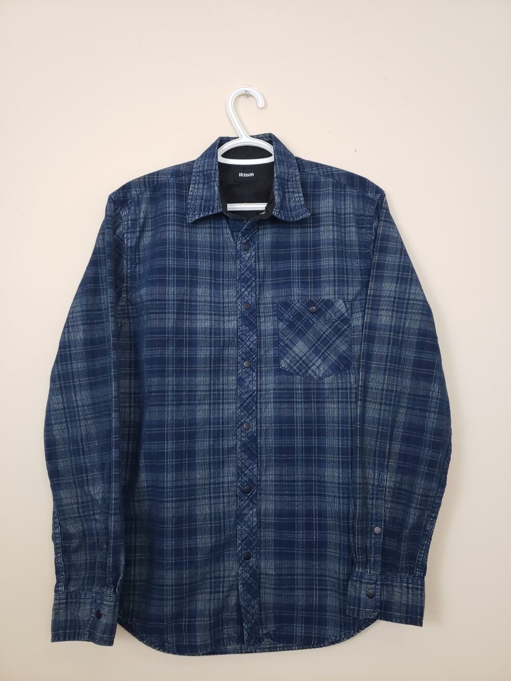 Y2K HUDSON Mens Weston Shirt Size M Blue Sanp Button Up Plaid Corduroy Western